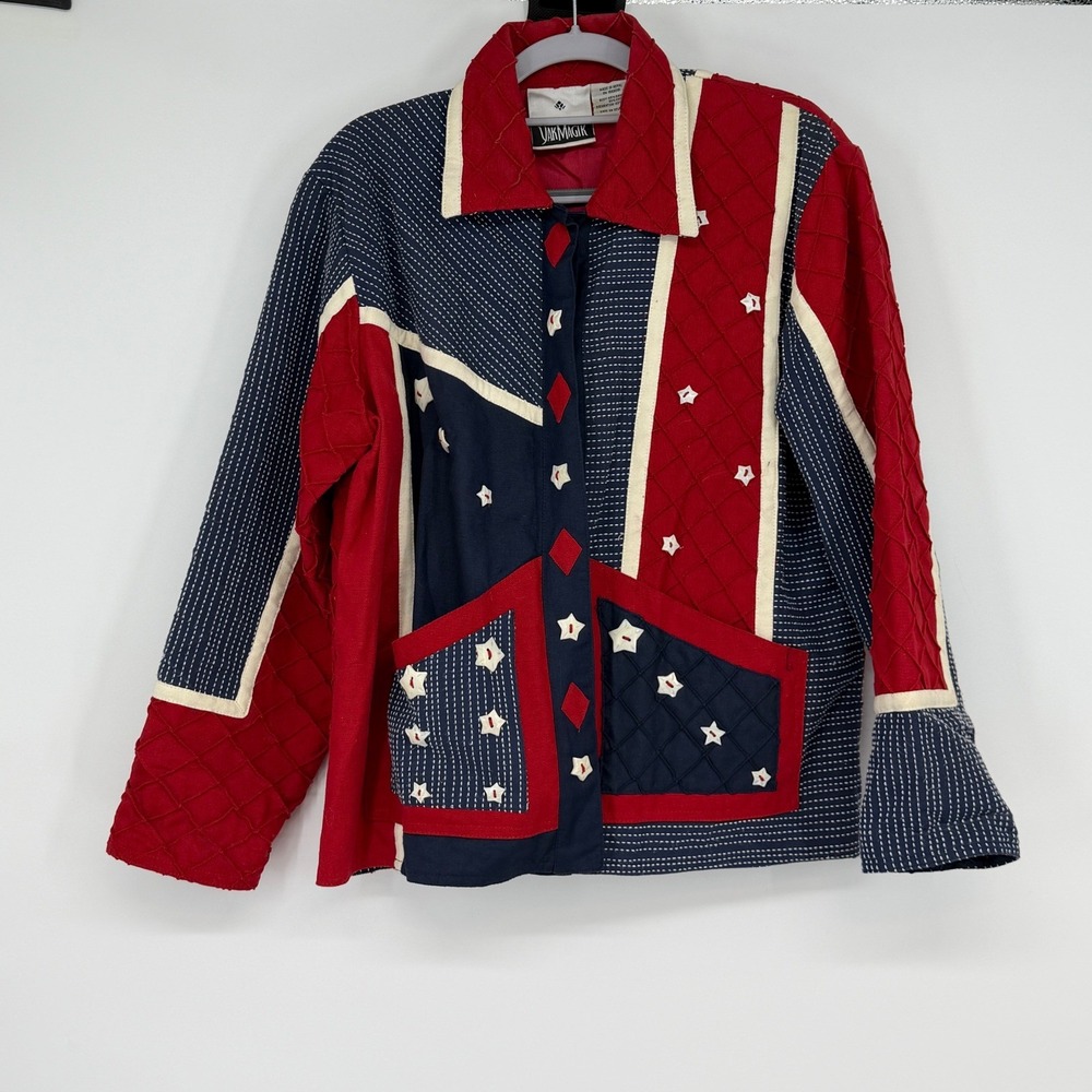 Yak Magik Quilted Patchwork Jacket Red Blue Star Applique‎ Folk Art Size M Artsy